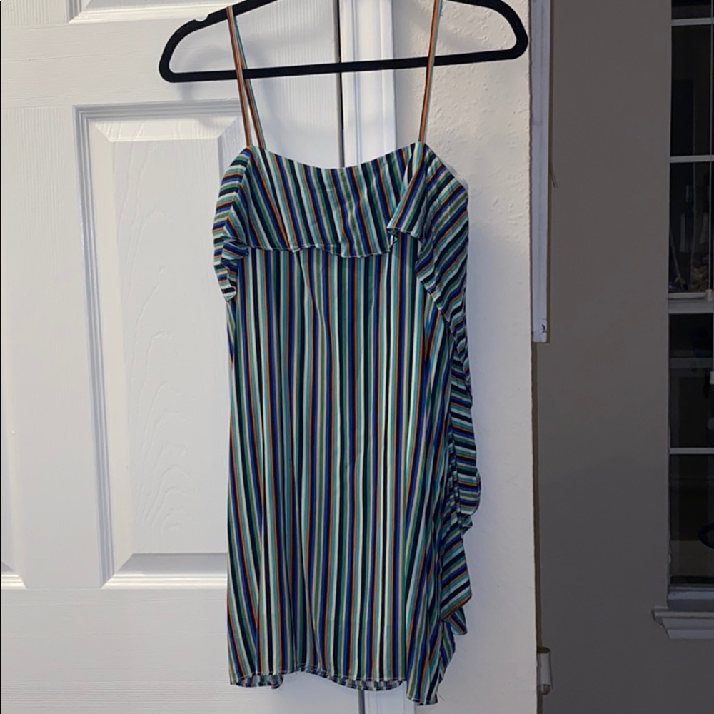 Colorful Striped Dress with Ruffled Top and Side